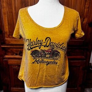 Harley Davidson Motorcycles Graphic Tee Yellow Scoop Neck Women's Size Medium